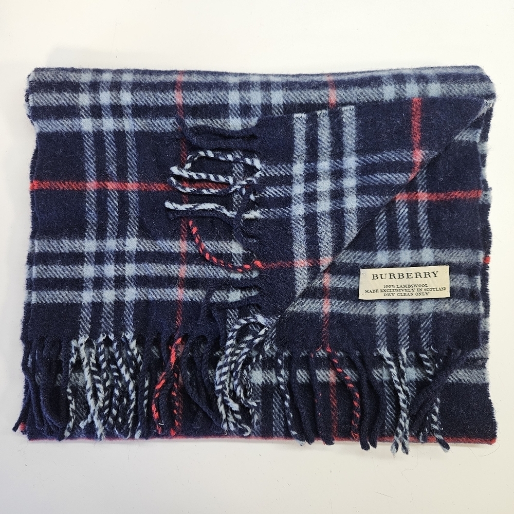 Burberry Navy Blue Plaid 100% Lambswool Wool Winter Fringe Scarf Unisex - Picture 3 of 5